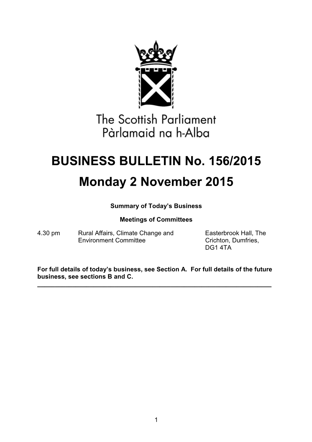 BUSINESS BULLETIN No. 156/2015 Monday 2 November 2015