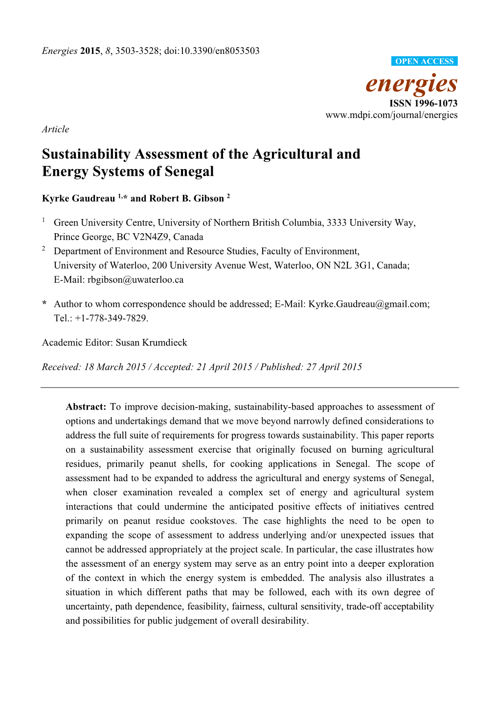 Sustainability Assessment of the Agricultural and Energy Systems of Senegal