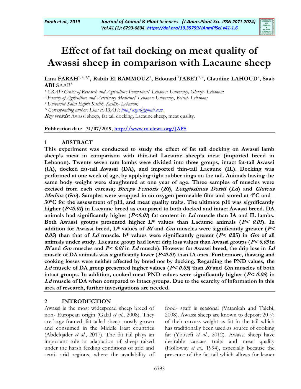 Effect of Fat Tail Docking on Meat Quality of Awassi Sheep in Comparison with Lacaune Sheep