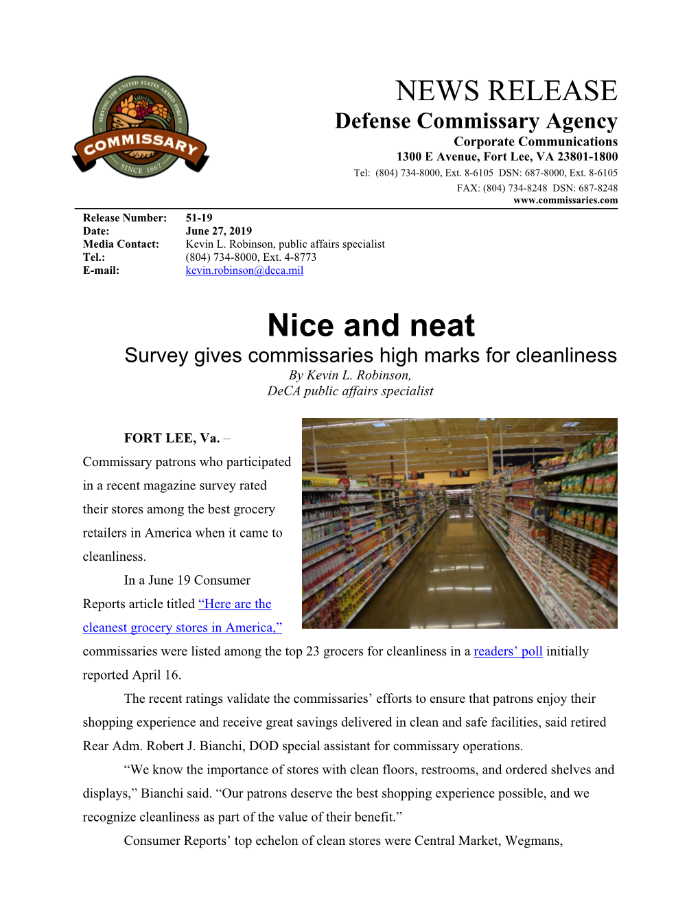 Defense Commissary Agency Corporate Communications 1300 E Avenue, Fort Lee, VA 23801-1800 Tel: (804) 734-8000, Ext