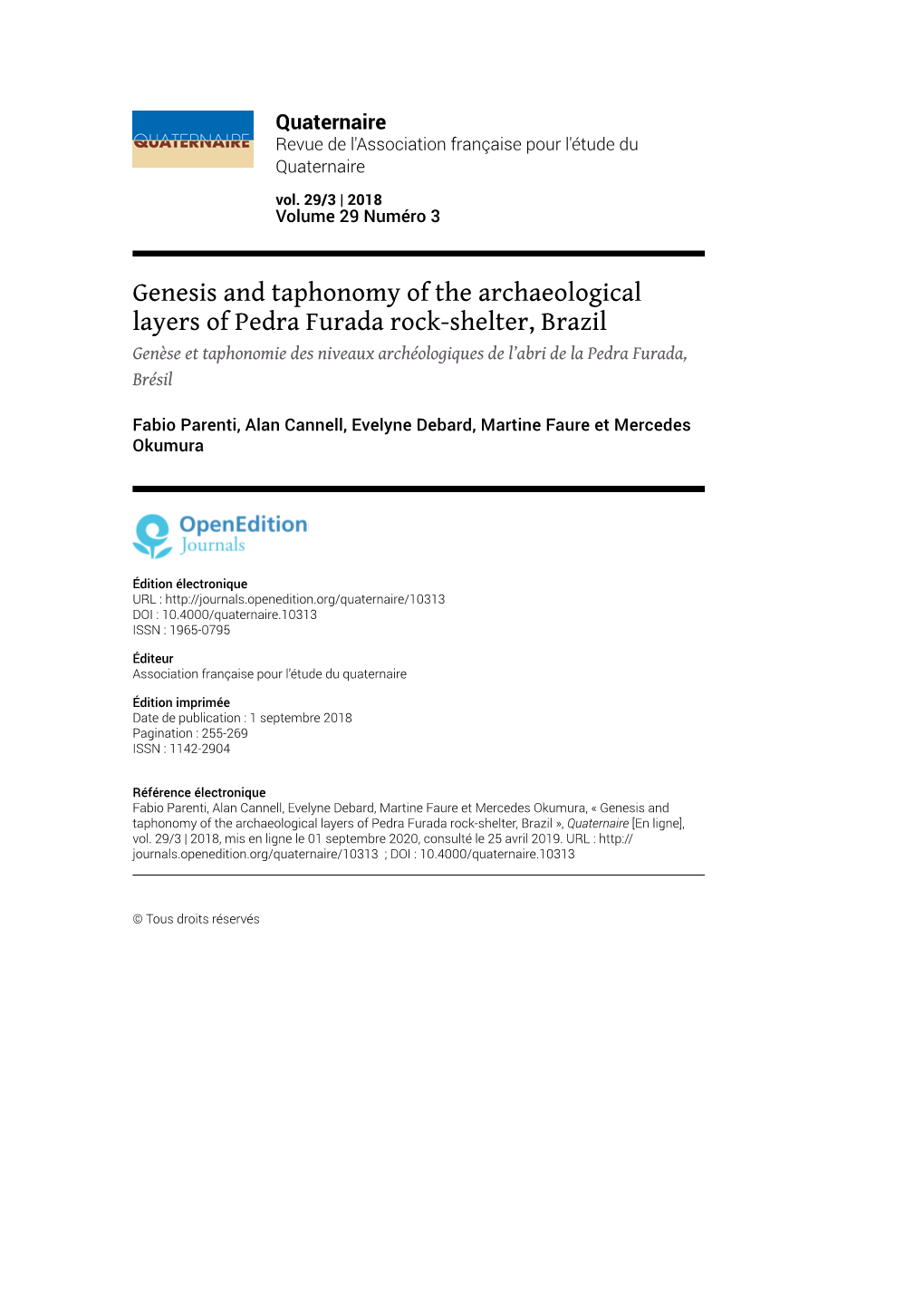 Genesis and Taphonomy of the Archaeological Layers of Pedra