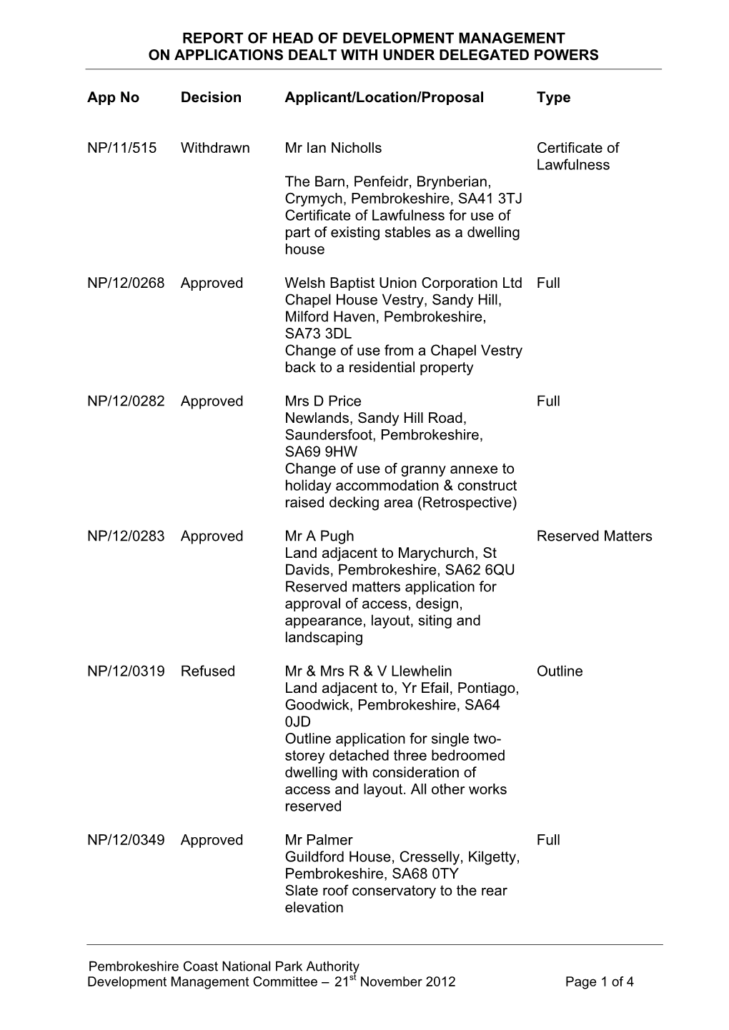 Pembrokeshire Coast National Park Authority Development Management Committee – 21St November 2012 Page 1 of 4