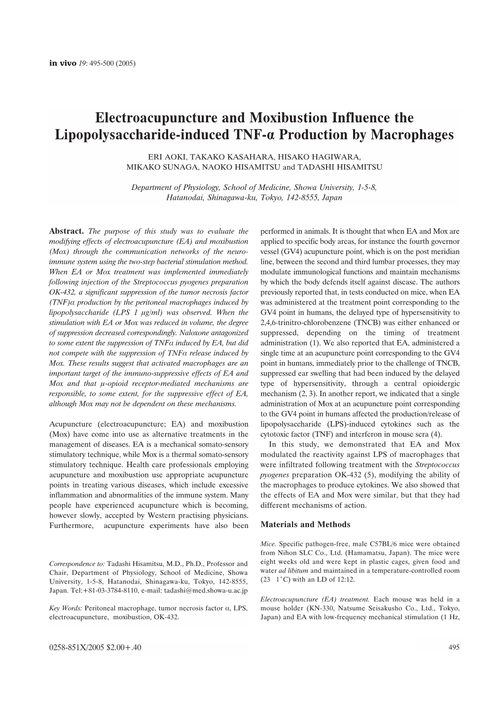 Electroacupuncture and Moxibustion Influence the Lipopolysaccharide-Induced TNF-· Production by Macrophages