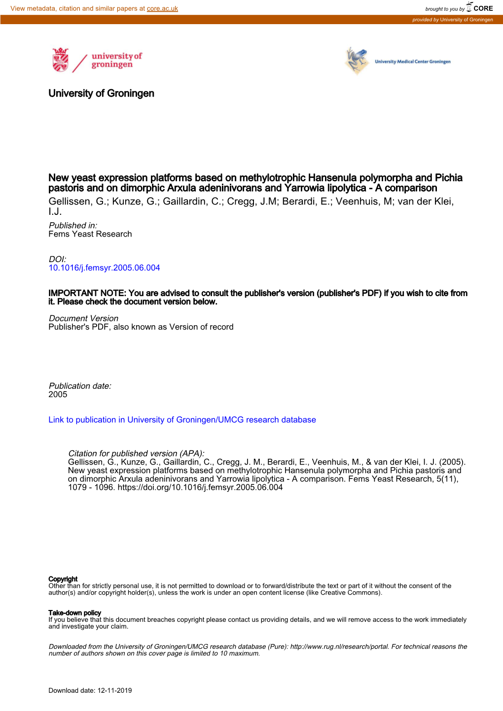 University of Groningen New Yeast Expression Platforms Based