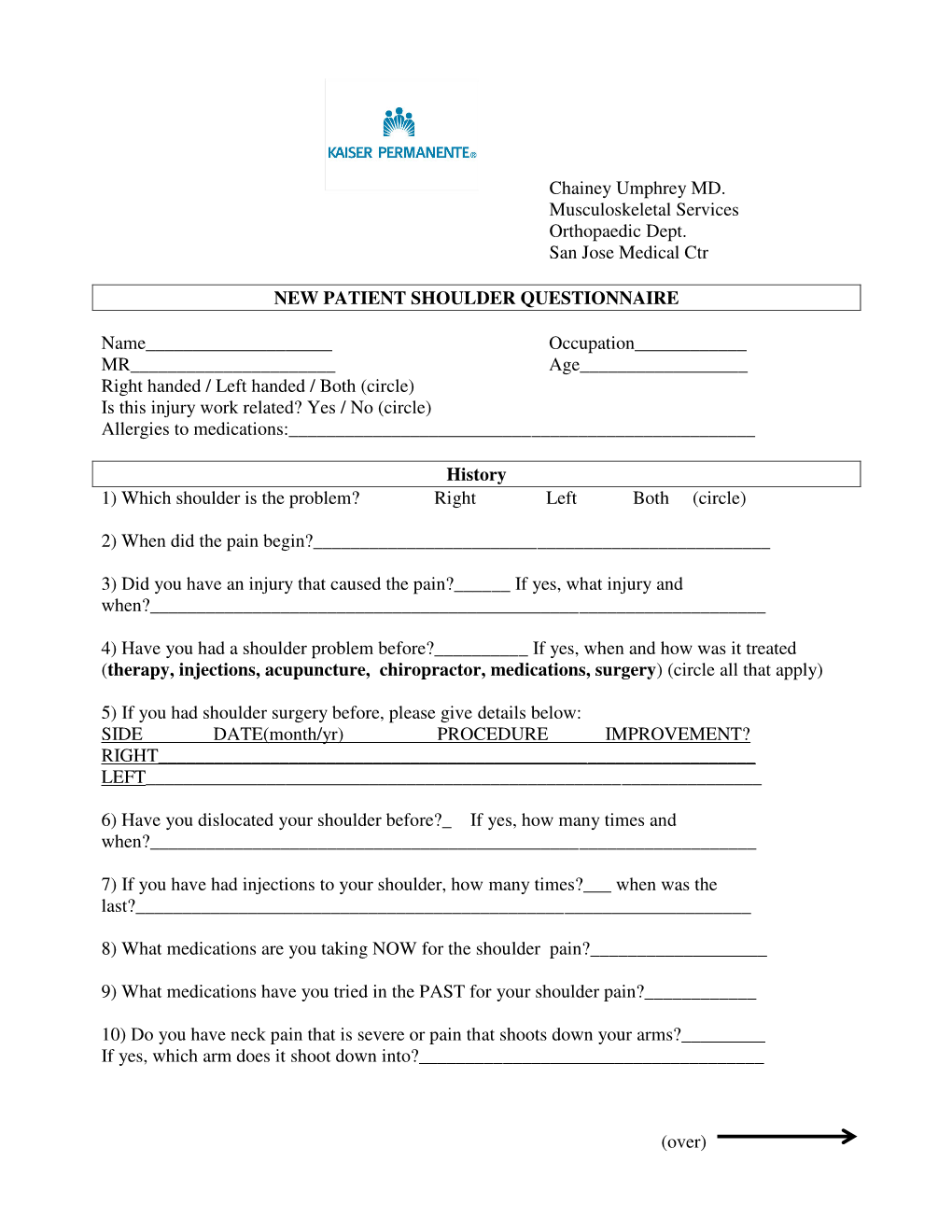 New Patient Shoulder Questionnaire