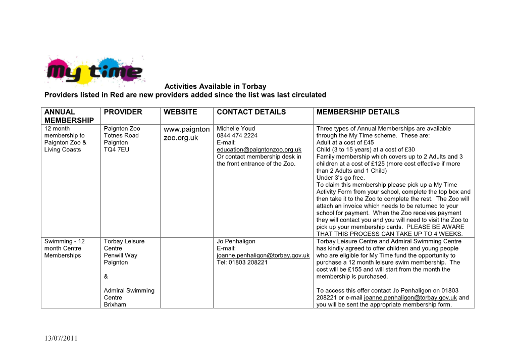 Activities Available in Torbay Providers Listed in Red Are New Providers Added Since the List Was Last Circulated