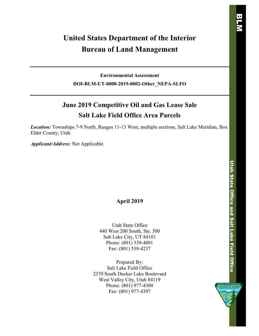 Environmental Assessment DOI-BLM-UT-0000-2019-0002-Other NEPA-SLFO