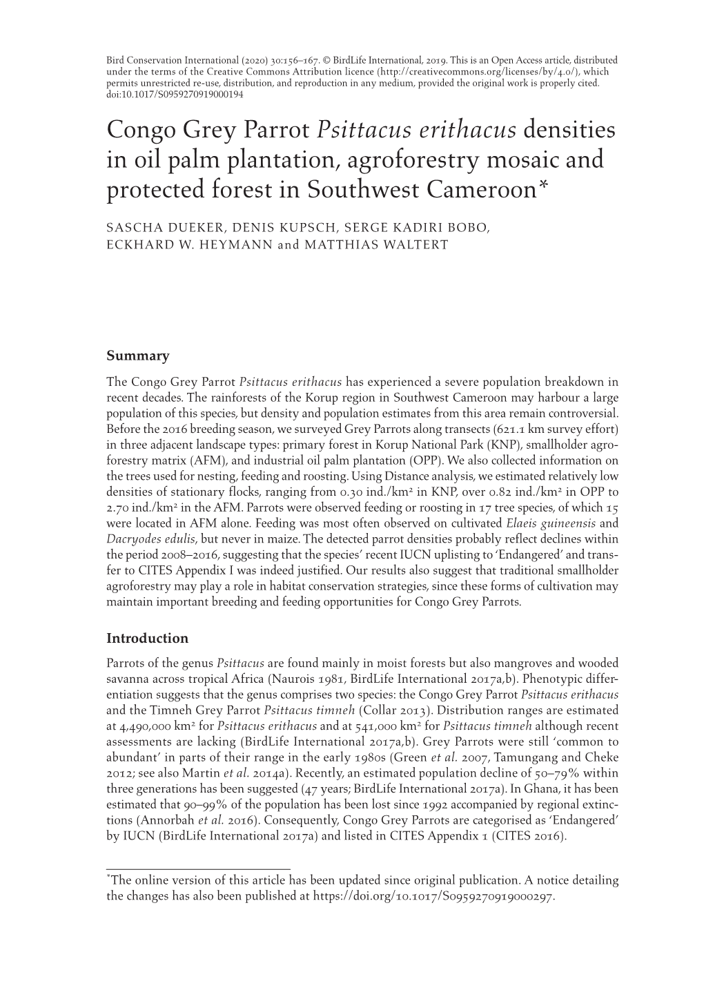 Congo Grey Parrot Psittacus Erithacus Densities in Oil Palm Plantation, Agroforestry Mosaic and Protected Forest in Southwest Cameroon*