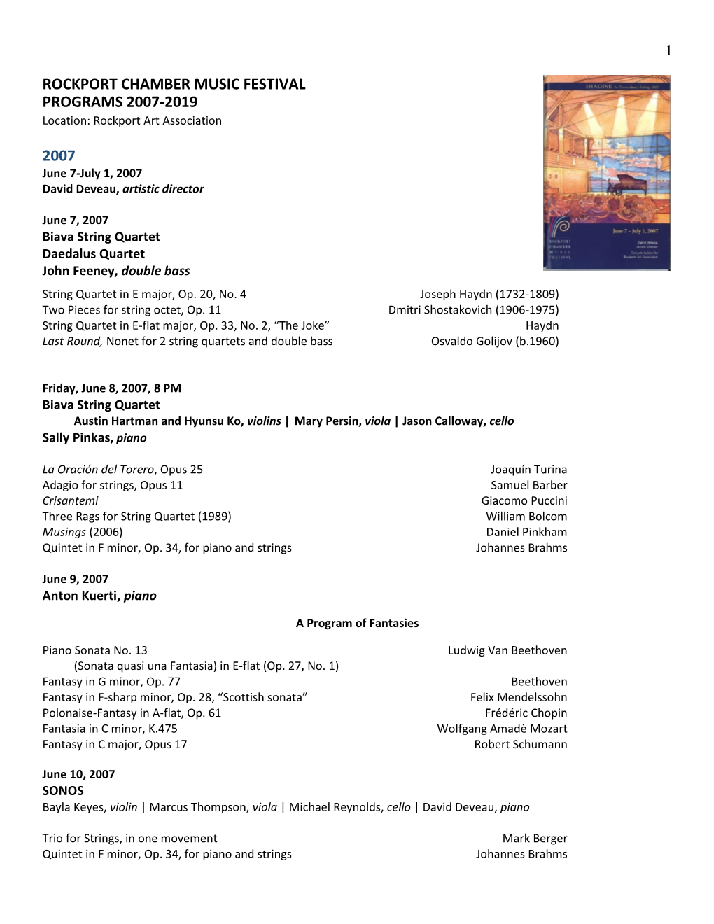 ROCKPORT CHAMBER MUSIC FESTIVAL PROGRAMS 2007-2019 Location: Rockport Art Association