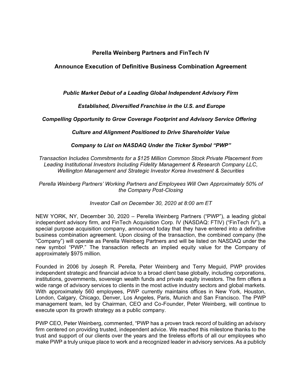 Perella Weinberg Partners and Fintech IV Announce Execution of Definitive Business Combination Agreement