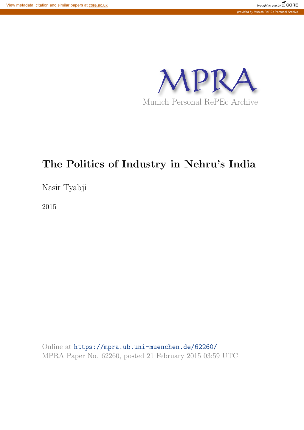 The Politics of Industry in Nehru's India