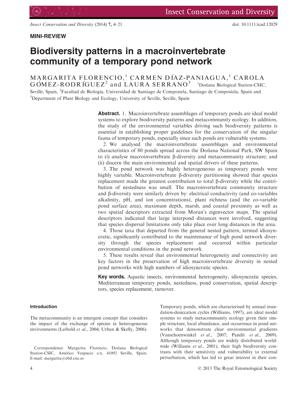 Biodiversity Patterns in a Macroinvertebrate Community of a Temporary Pond Network