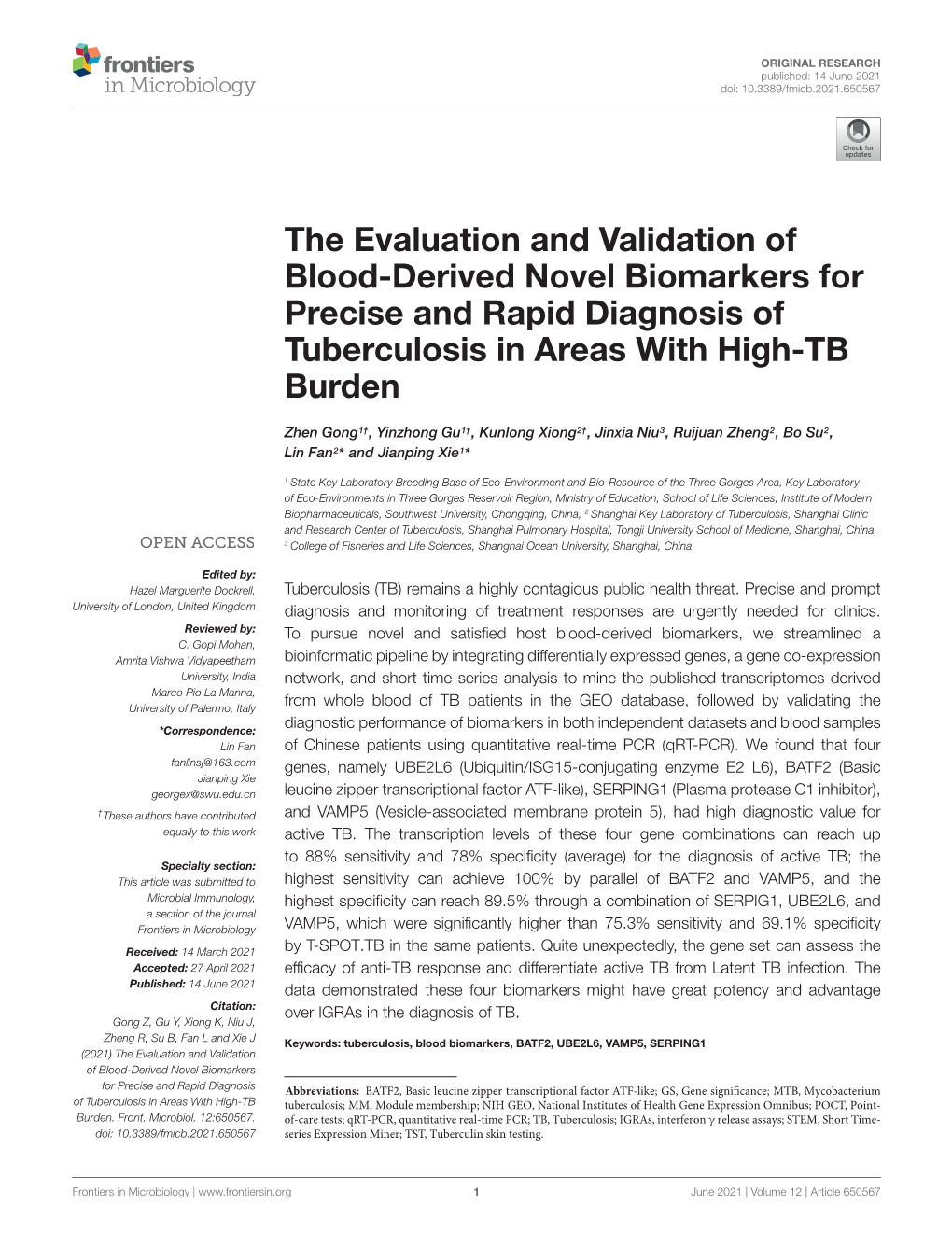 The Evaluation and Validation of Blood-Derived Novel Biomarkers for Precise and Rapid Diagnosis of Tuberculosis in Areas with High-TB Burden