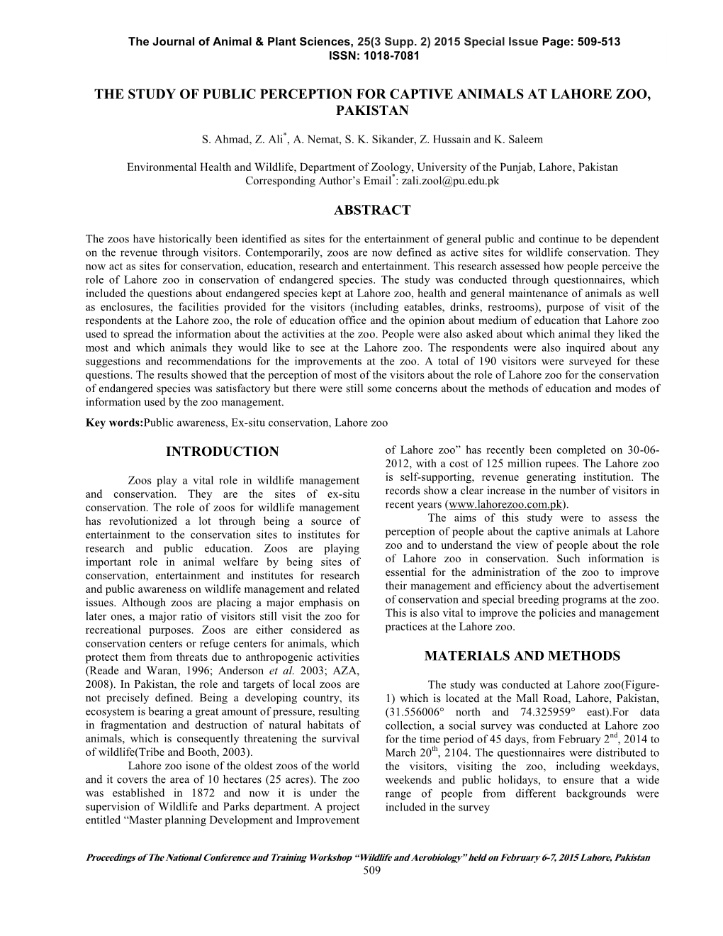 The Study of Public Perception for Captive Animals at Lahore Zoo, Pakistan