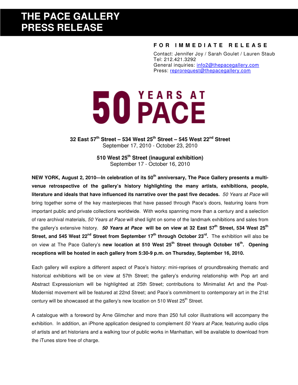 The Pace Gallery Press Release