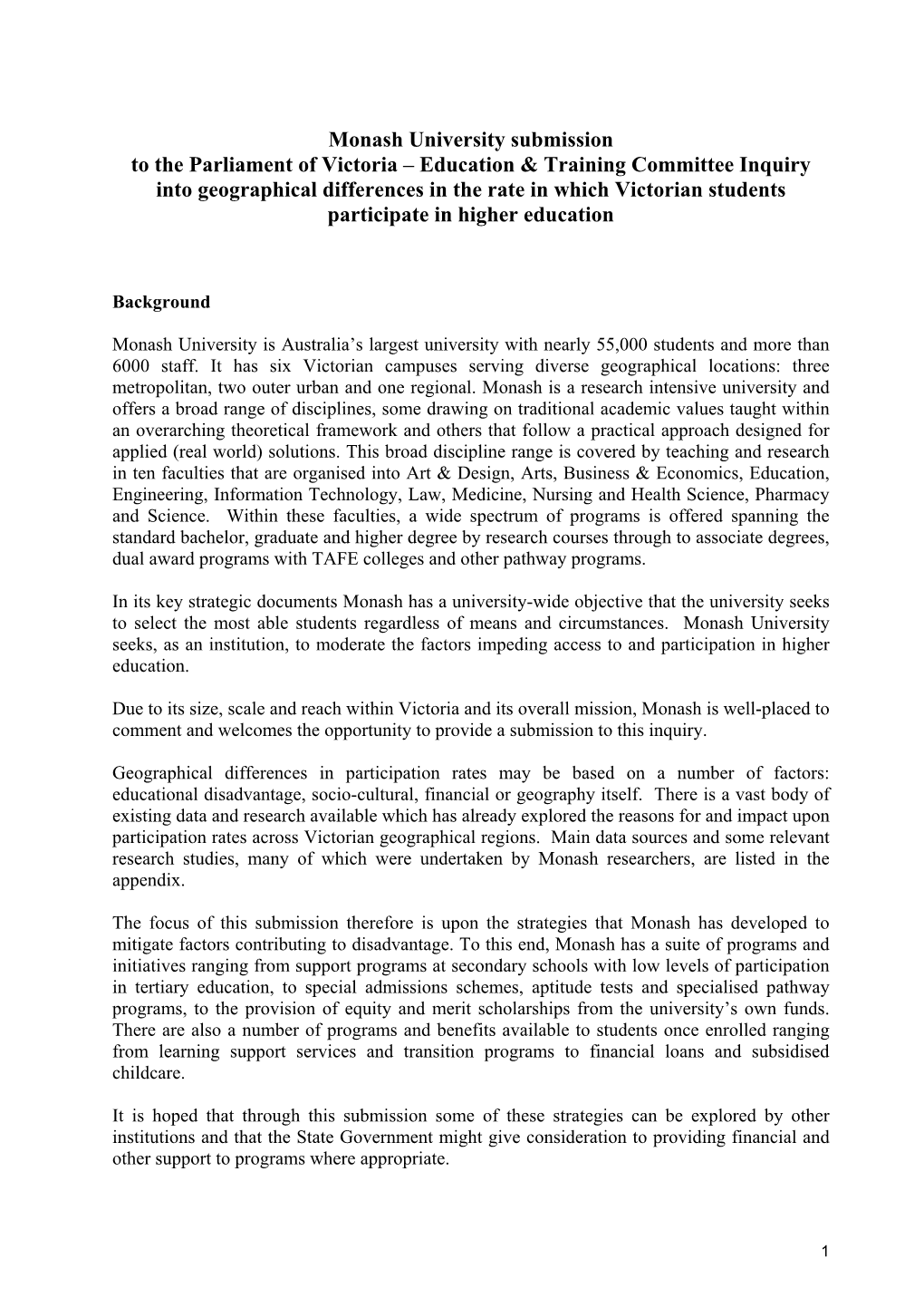 Monash University Submission to the Parliament of Victoria – Education