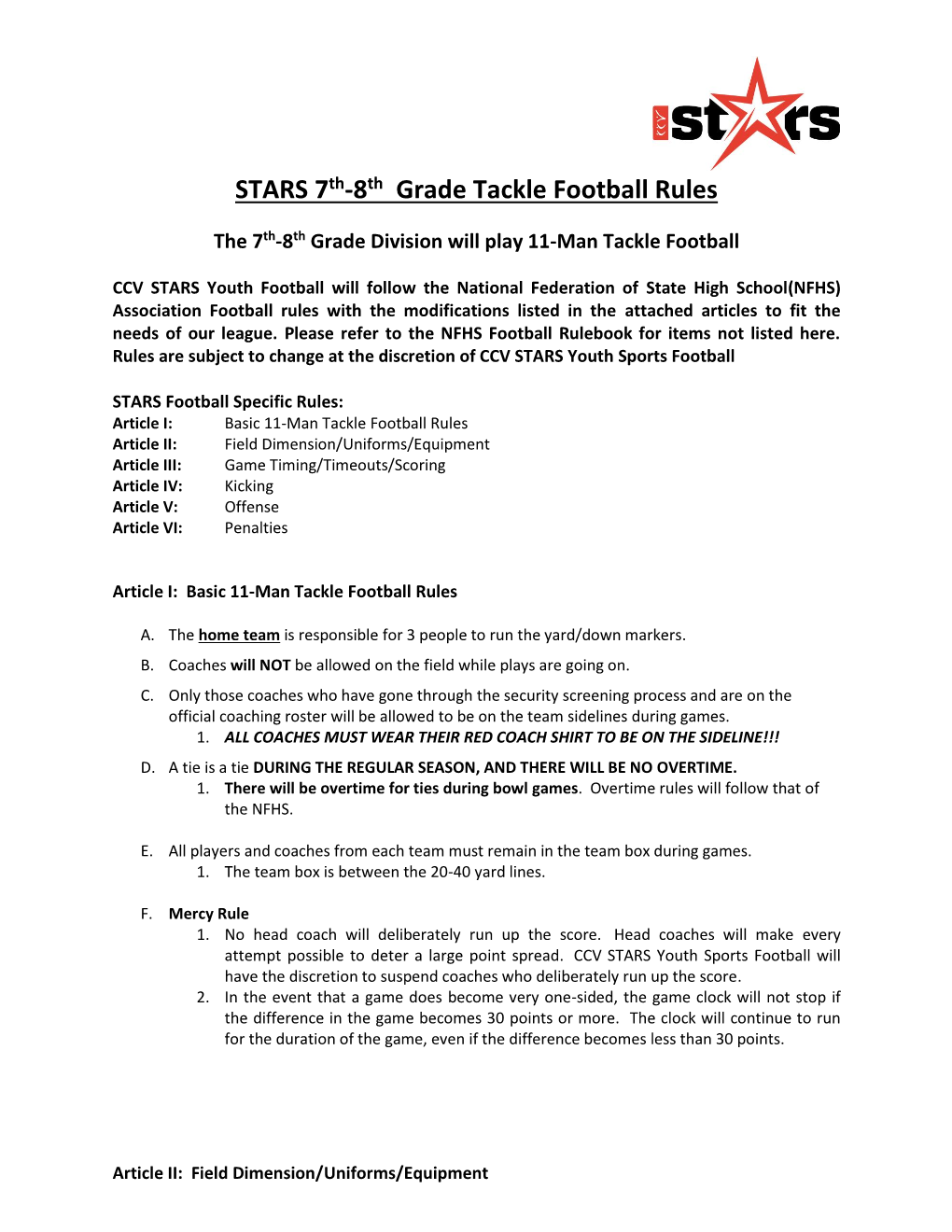 STARS Flag Football Rules