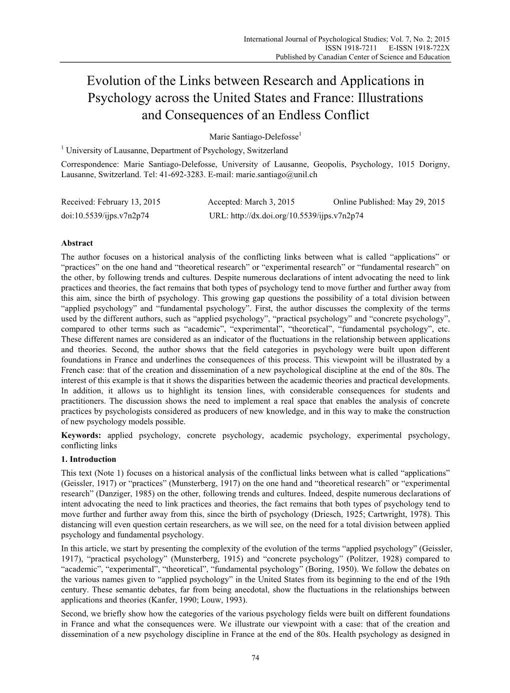 Evolution of the Links Between Research and Applications in Psychology Across the United States and France: Illustrations and Consequences of an Endless Conflict