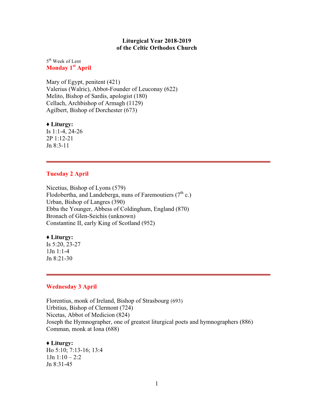 1 Liturgical Year 2018-2019 of the Celtic Orthodox Church Monday 1St