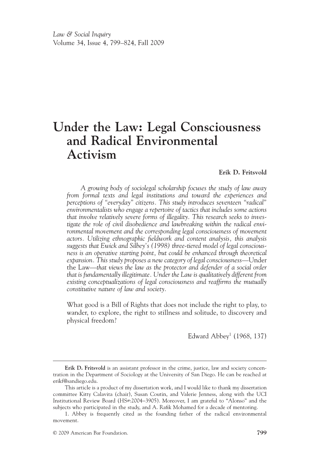 Under the Law: Legal Consciousness and Radical Environmental Activism