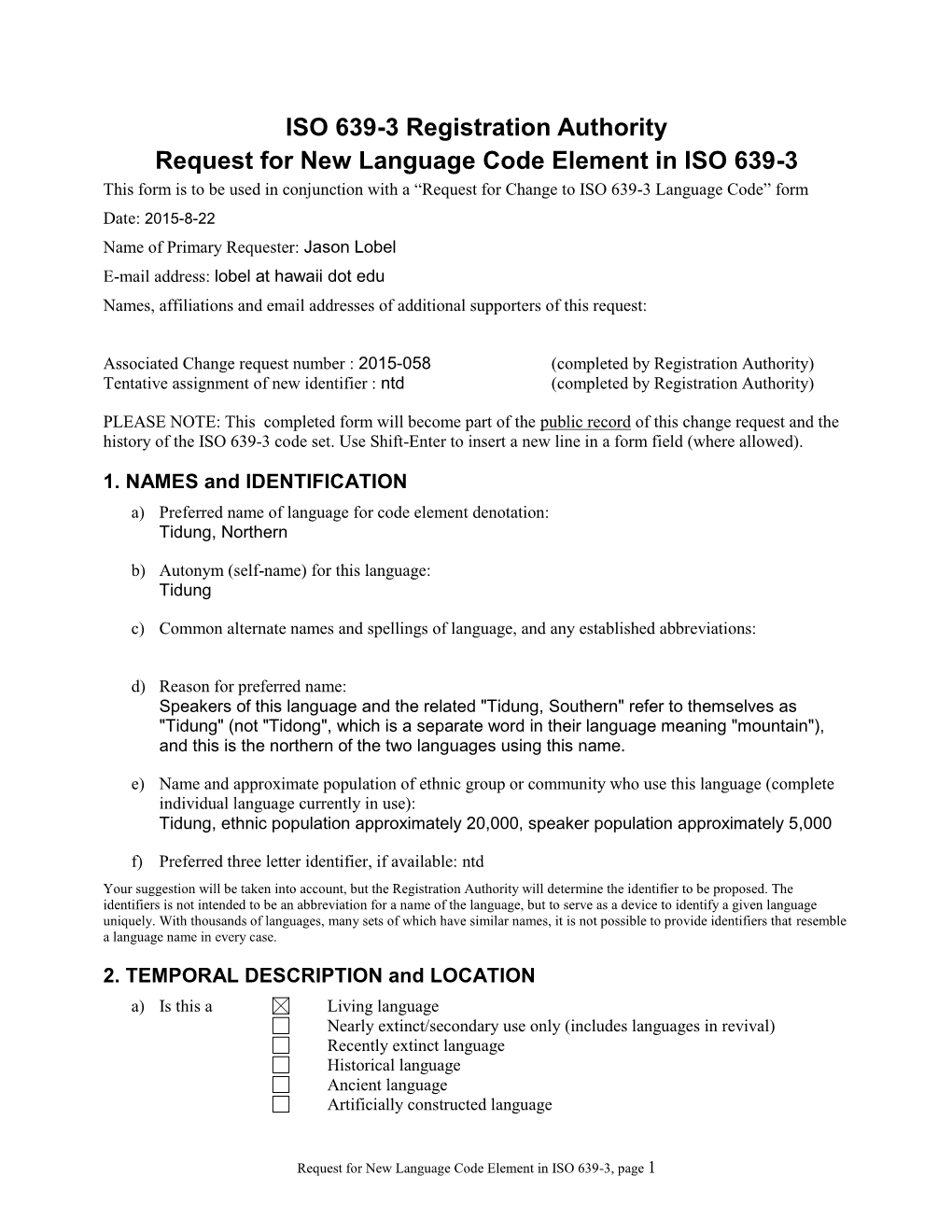 ISO 639-3 New Code Request