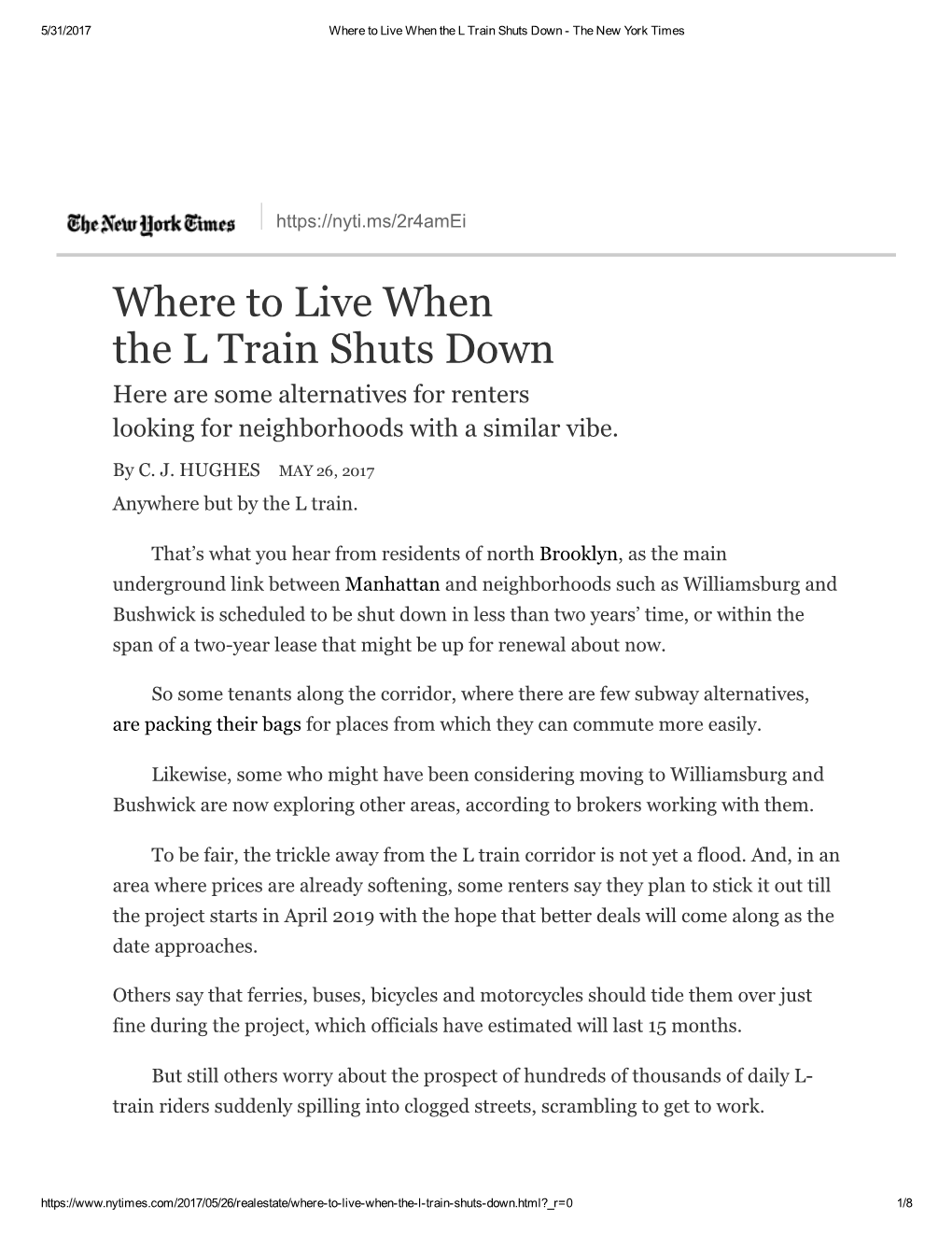 Where to Live When the L Train Shuts Down ­ the New York Times