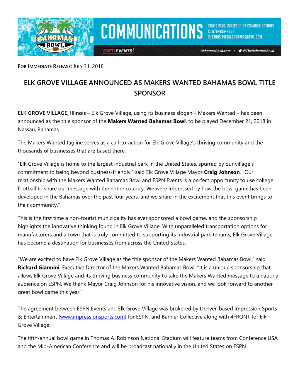 Elk Grove Village Announced As Makers Wanted Bahamas Bowl Title Sponsor