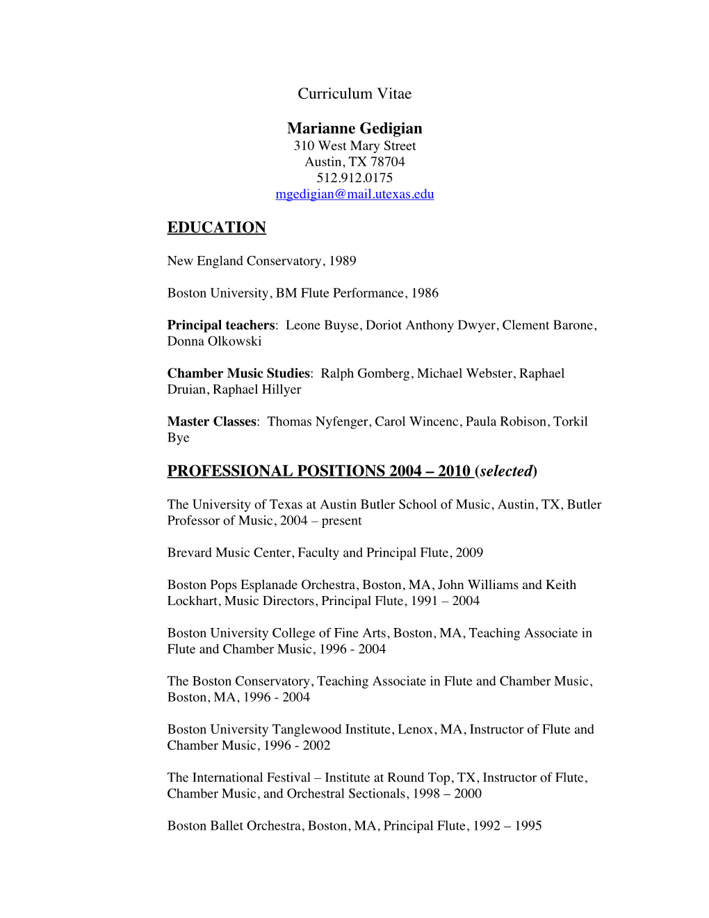 Curriculum Vitae Marianne Gedigian EDUCATION PROFESSIONAL POSITIONS 2004