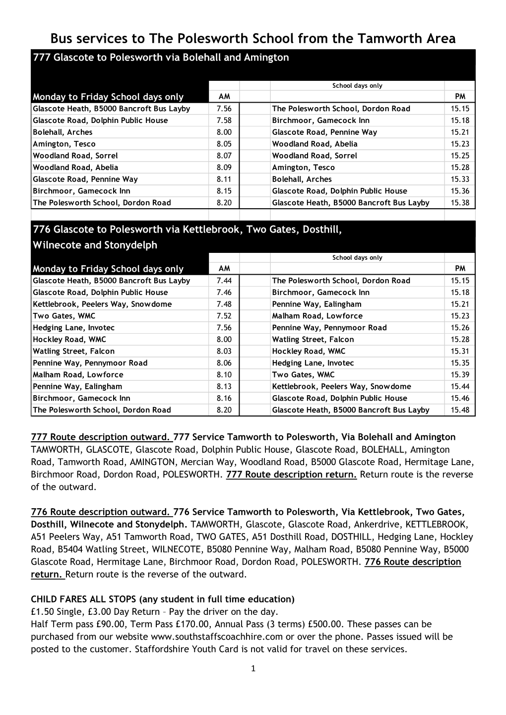 Bus Services to the Polesworth School from the Tamworth Area 777 Glascote to Polesworth Via Bolehall and Amington