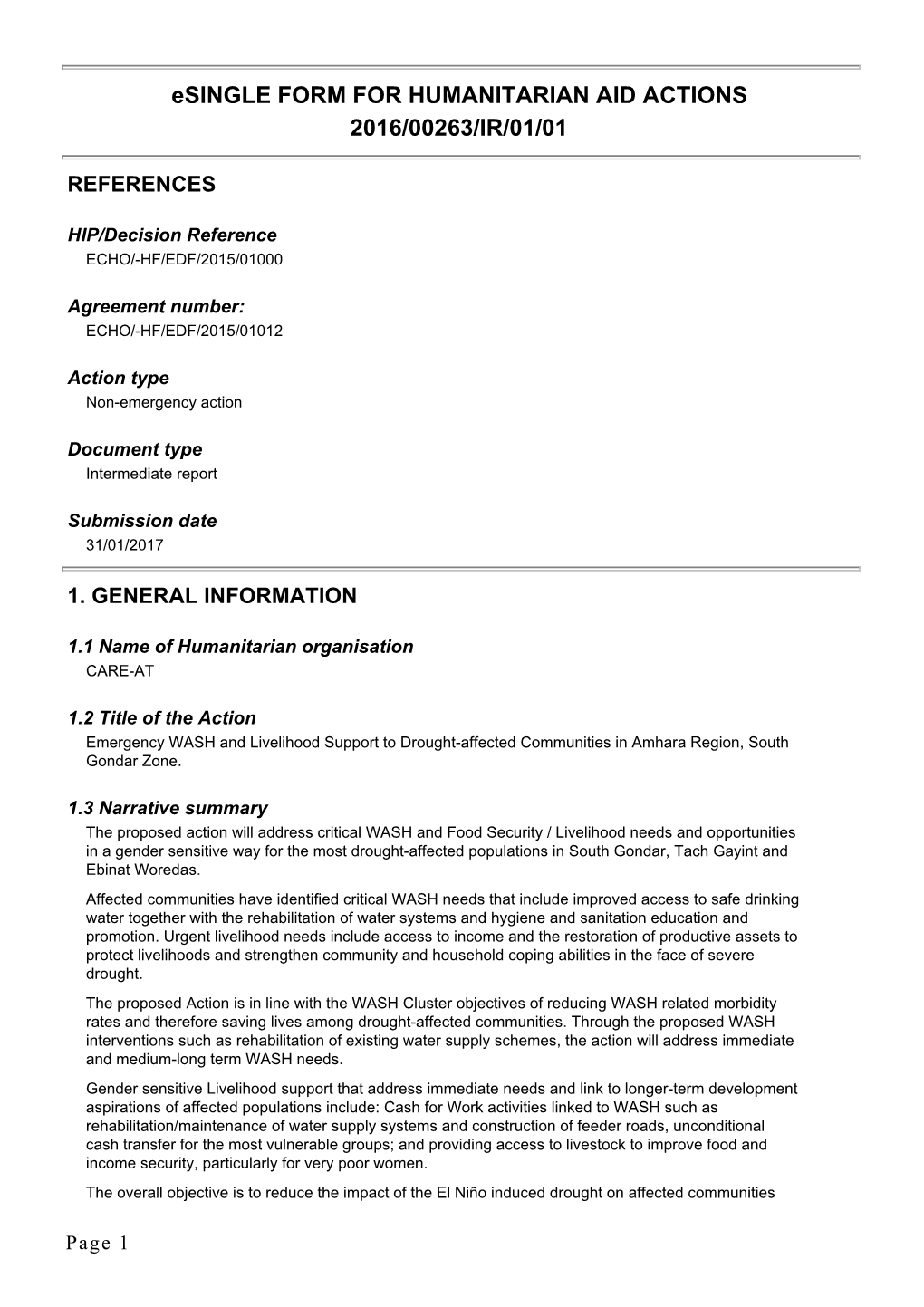 Esingle FORM for HUMANITARIAN AID ACTIONS 2016/00263/IR/01/01