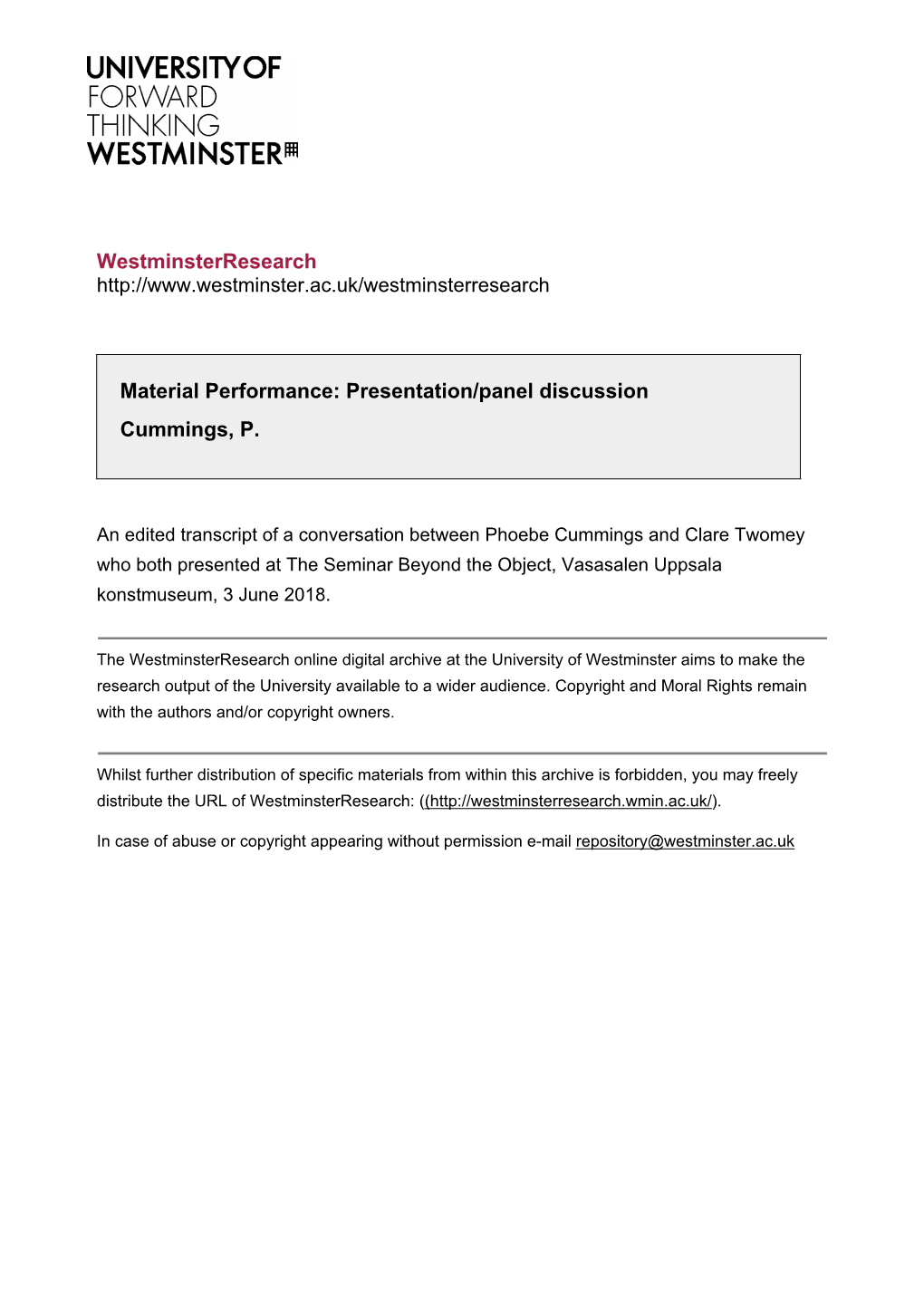 Westminsterresearch Material Performance: Presentation/Panel