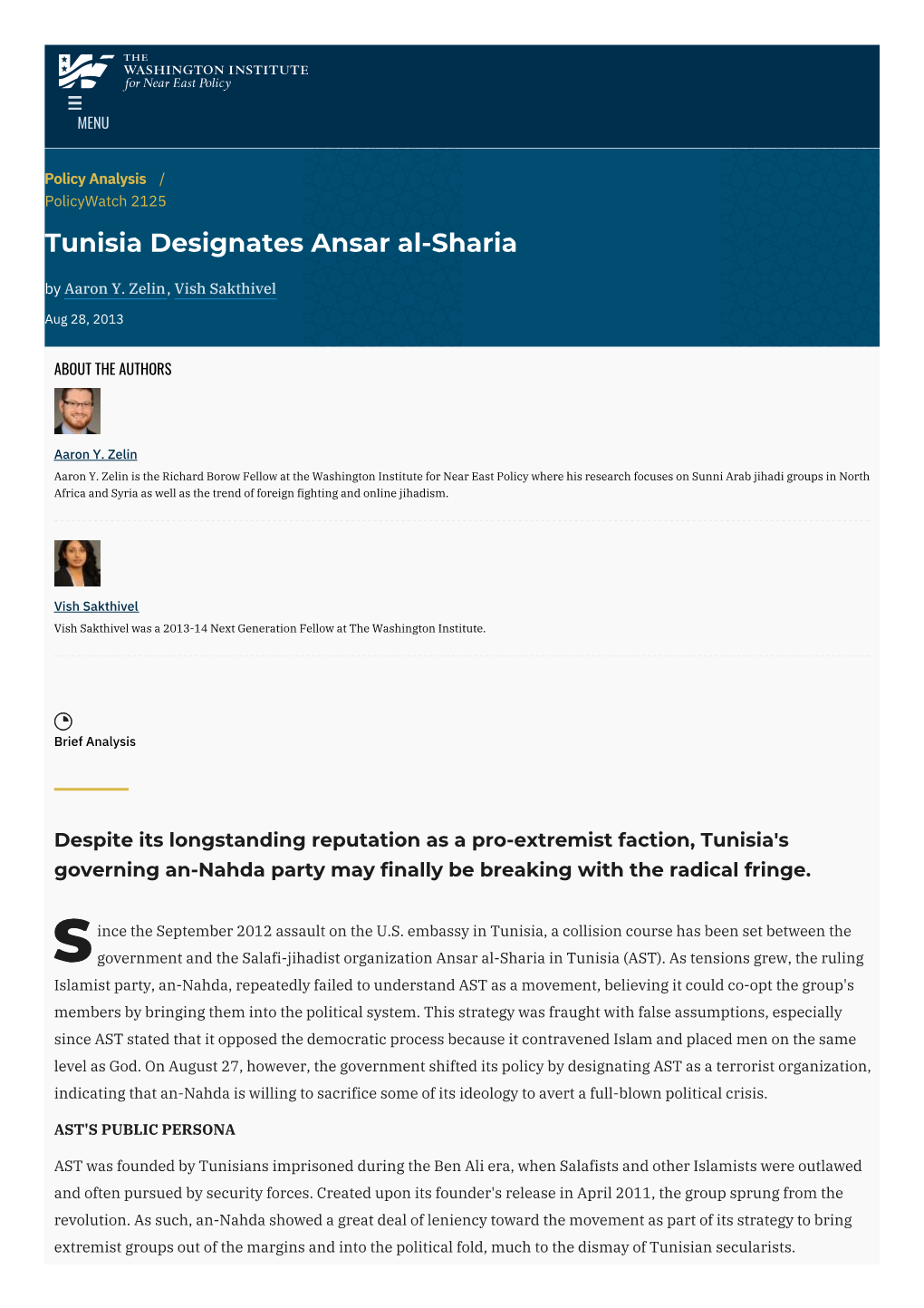 Tunisia Designates Ansar Al-Sharia | the Washington Institute