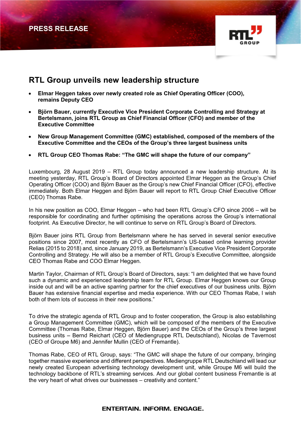 Press Release RTL Group New Leadership Structure