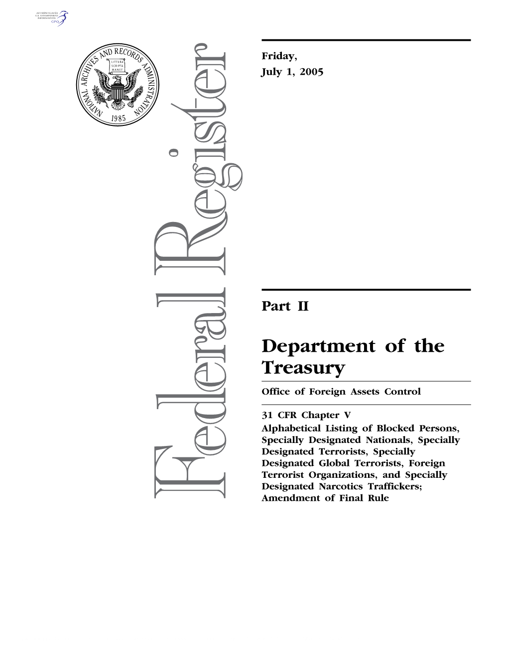 Department of the Treasury Office of Foreign Assets Control