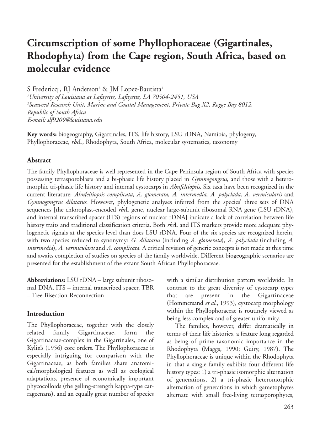 Circumscription of Some Phyllophoraceae (Gigartinales, Rhodophyta) from the Cape Region, South Africa, Based on Molecular Evidence