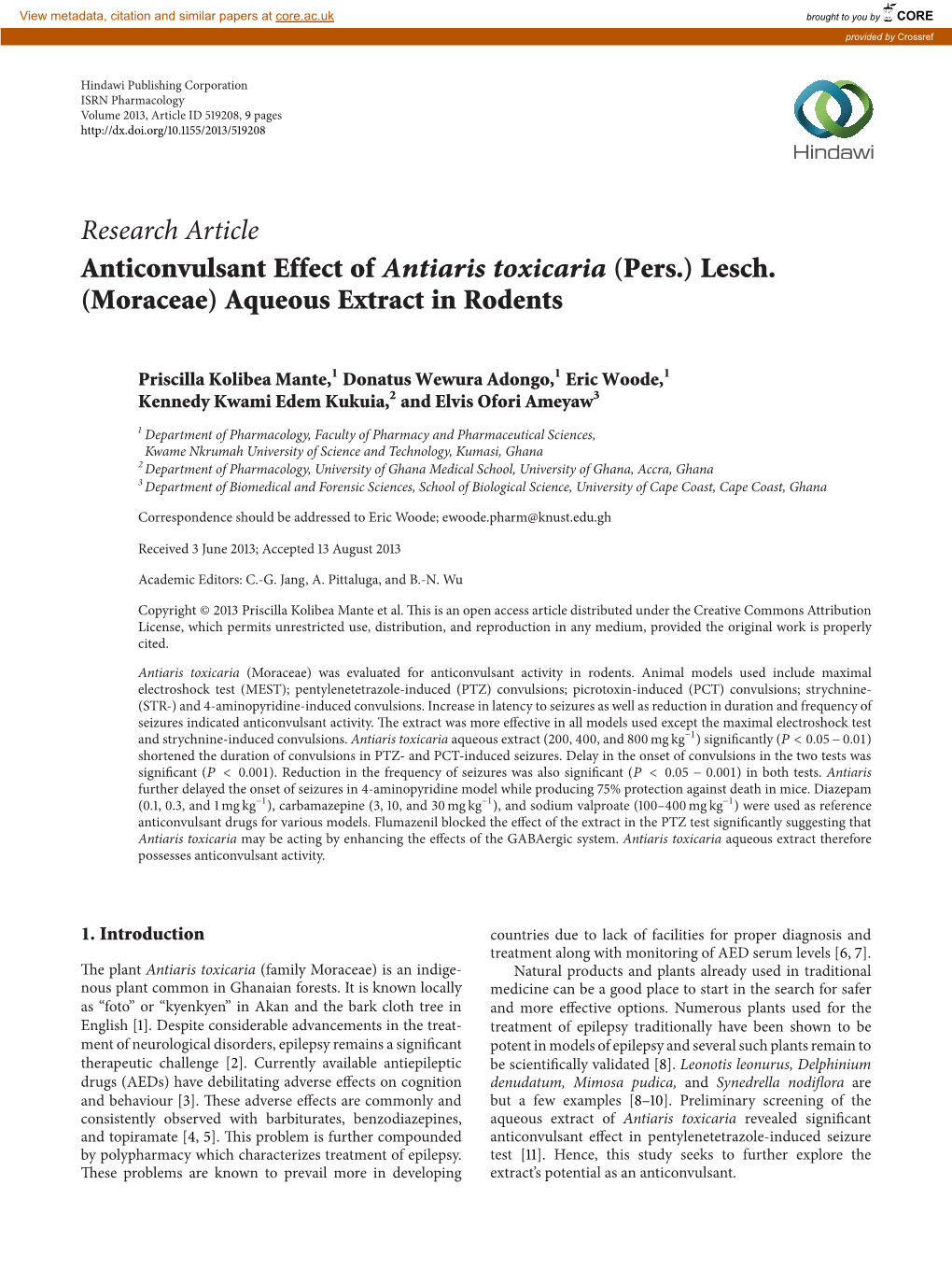 Research Article Anticonvulsant Effect of Antiaris Toxicaria (Pers.) Lesch