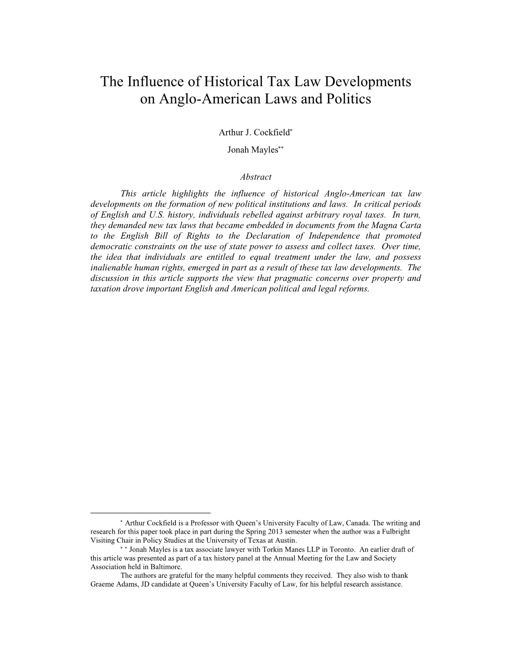 The Influence of Historical Tax Law Developments on Anglo-American Laws and Politics