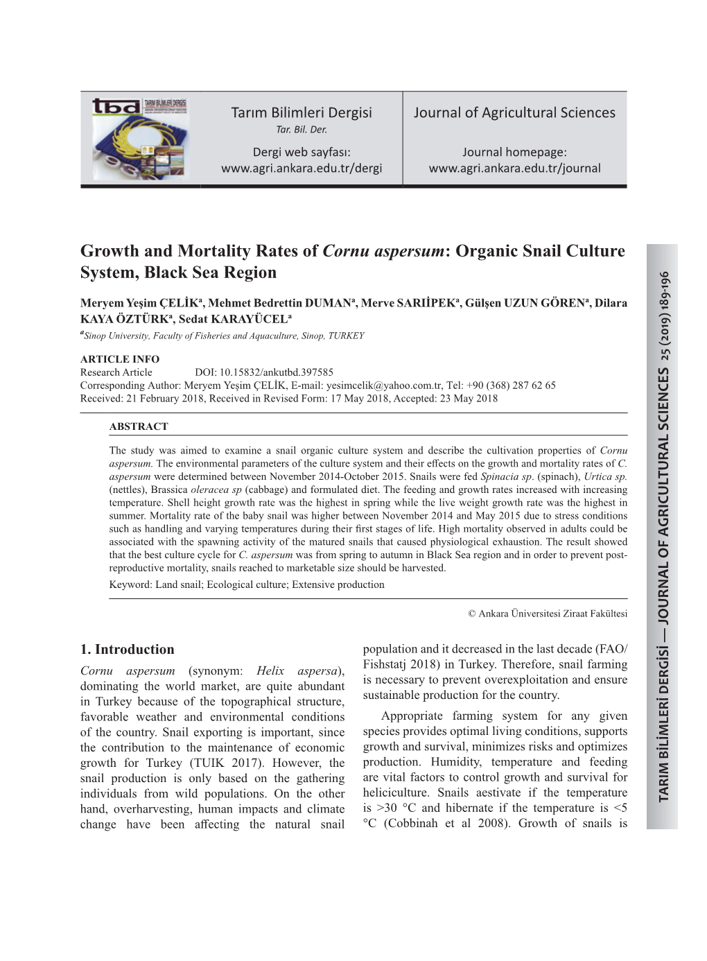 Growth and Mortality Rates of Cornu Aspersum: Organic Snail Culture System, Black Sea Region