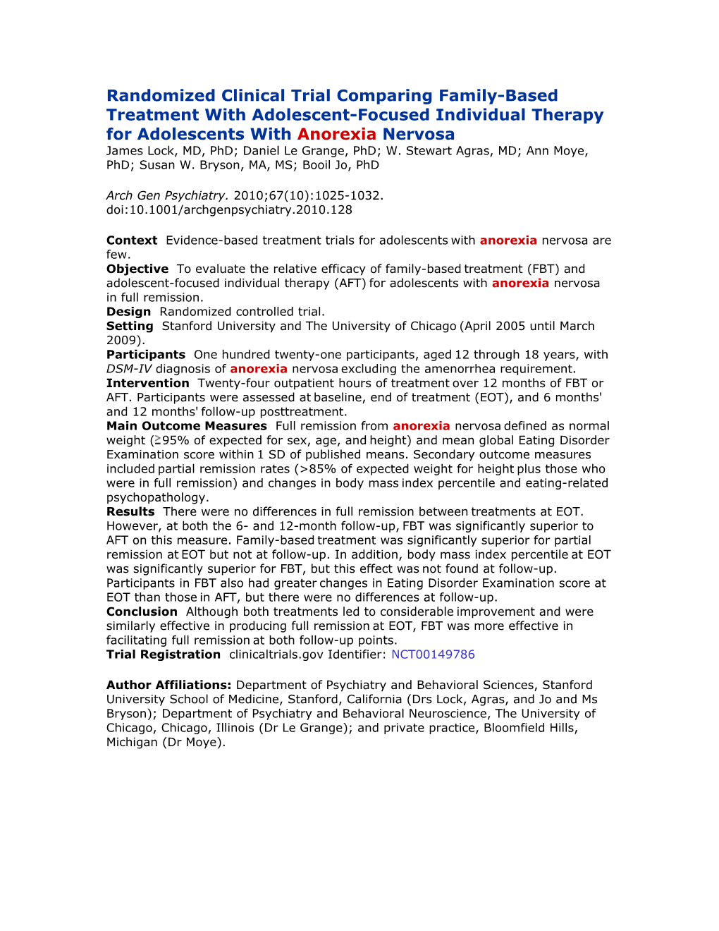 Randomized Clinical Trial Comparing Family-Based Treatment with Adolescent-Focused Individual