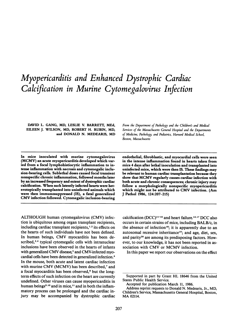 Myopericarditis and Enhanced Dystrophic Cardiac Calcfication in Murine Cytomegalovirus Infection