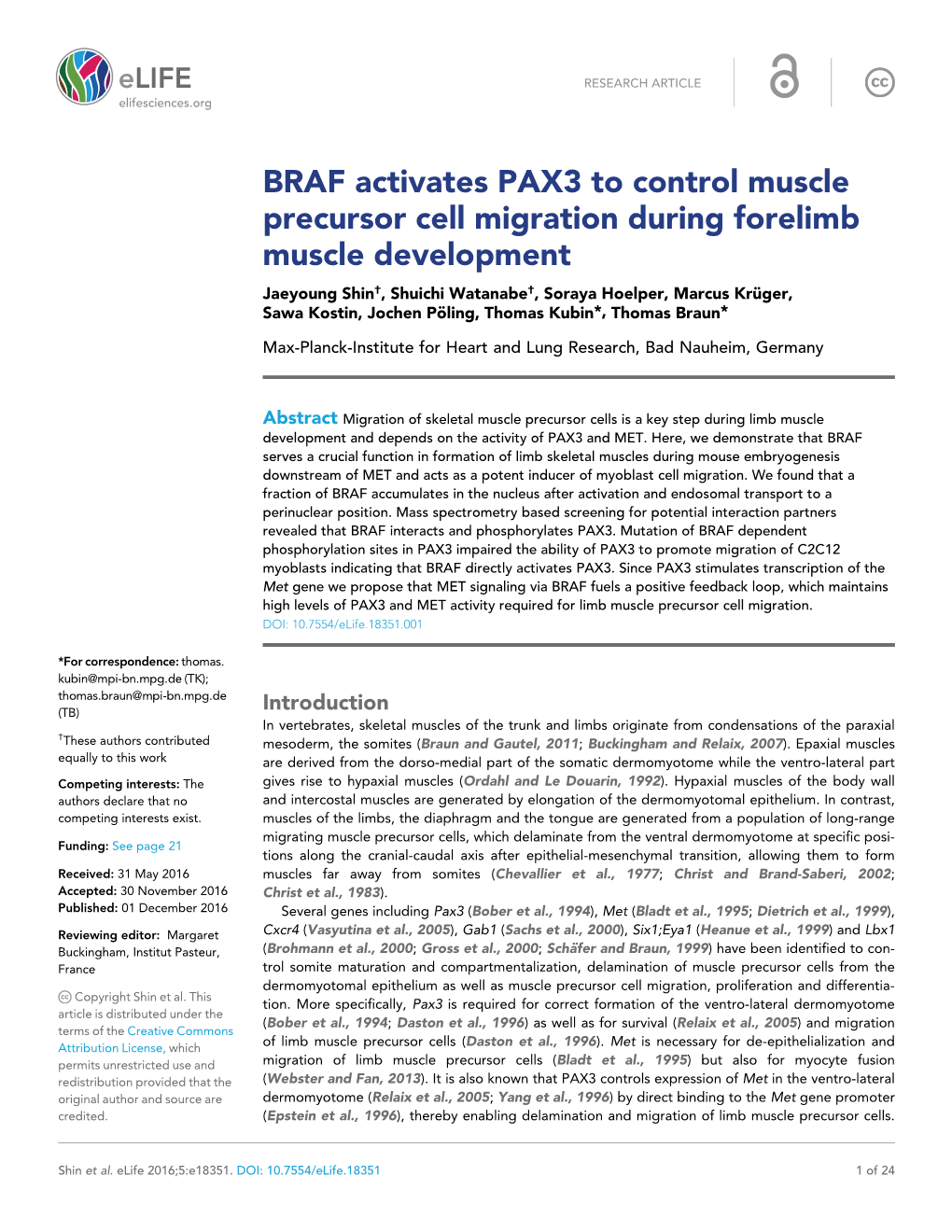 BRAF Activates PAX3 to Control Muscle Precursor Cell Migration