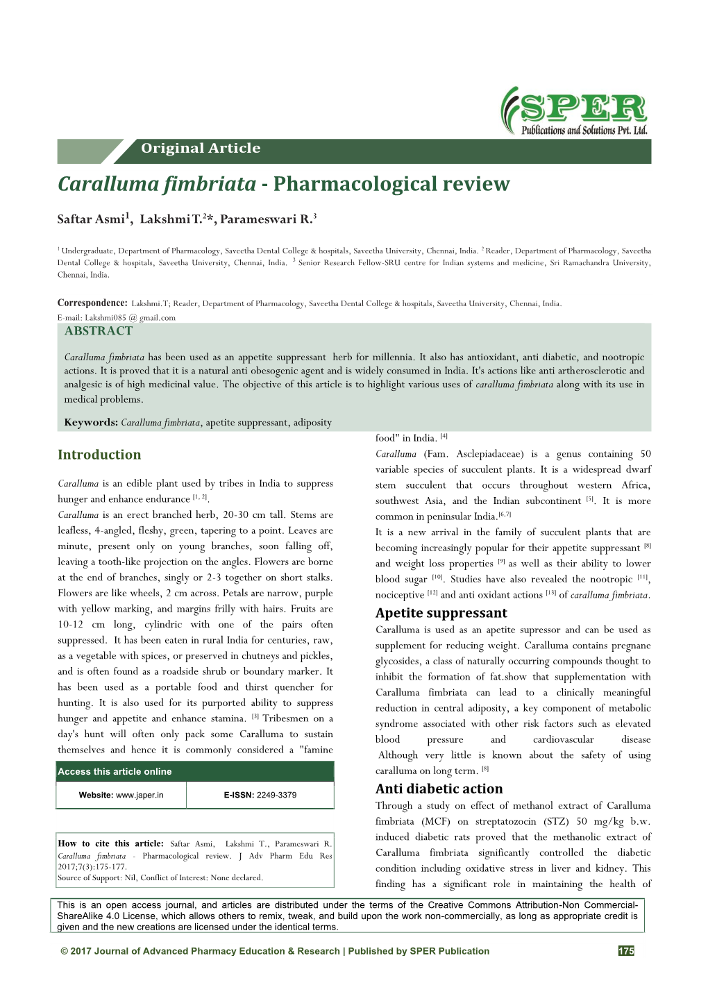 Caralluma Fimbriata - Pharmacological Review