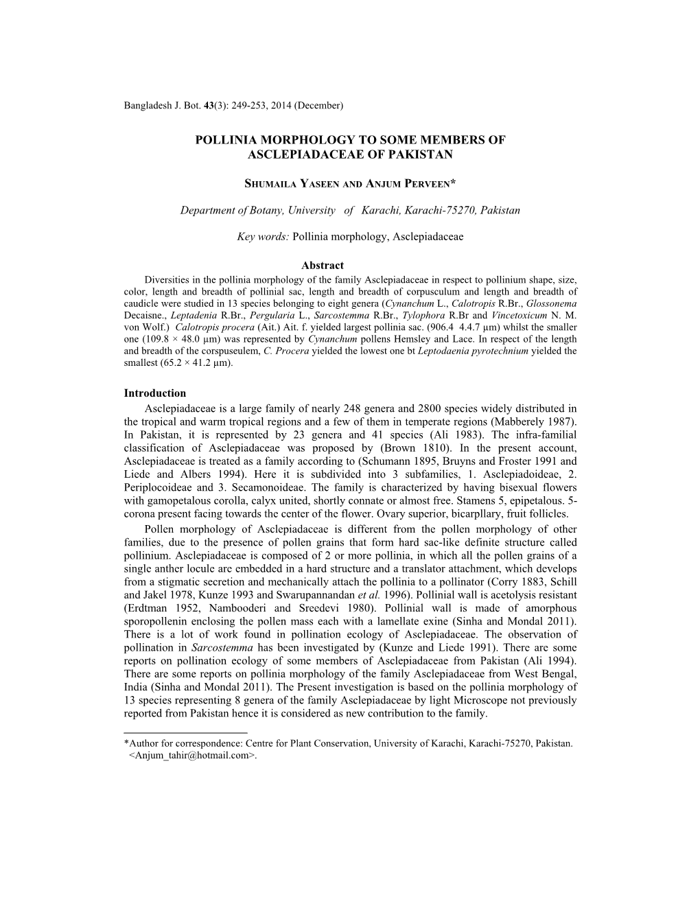 Pollinia Morphology to Some Members of Asclepiadaceae of Pakistan