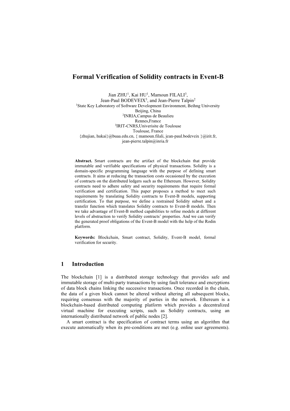 Formal Verification of Solidity Contracts in Event-B