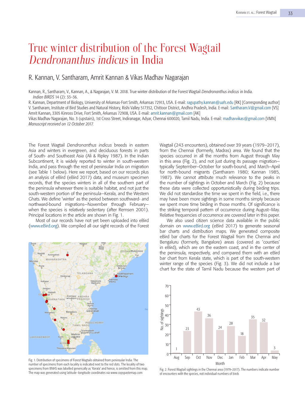 True Winter Distribution of the Forest Wagtail Dendronanthus Indicus in India