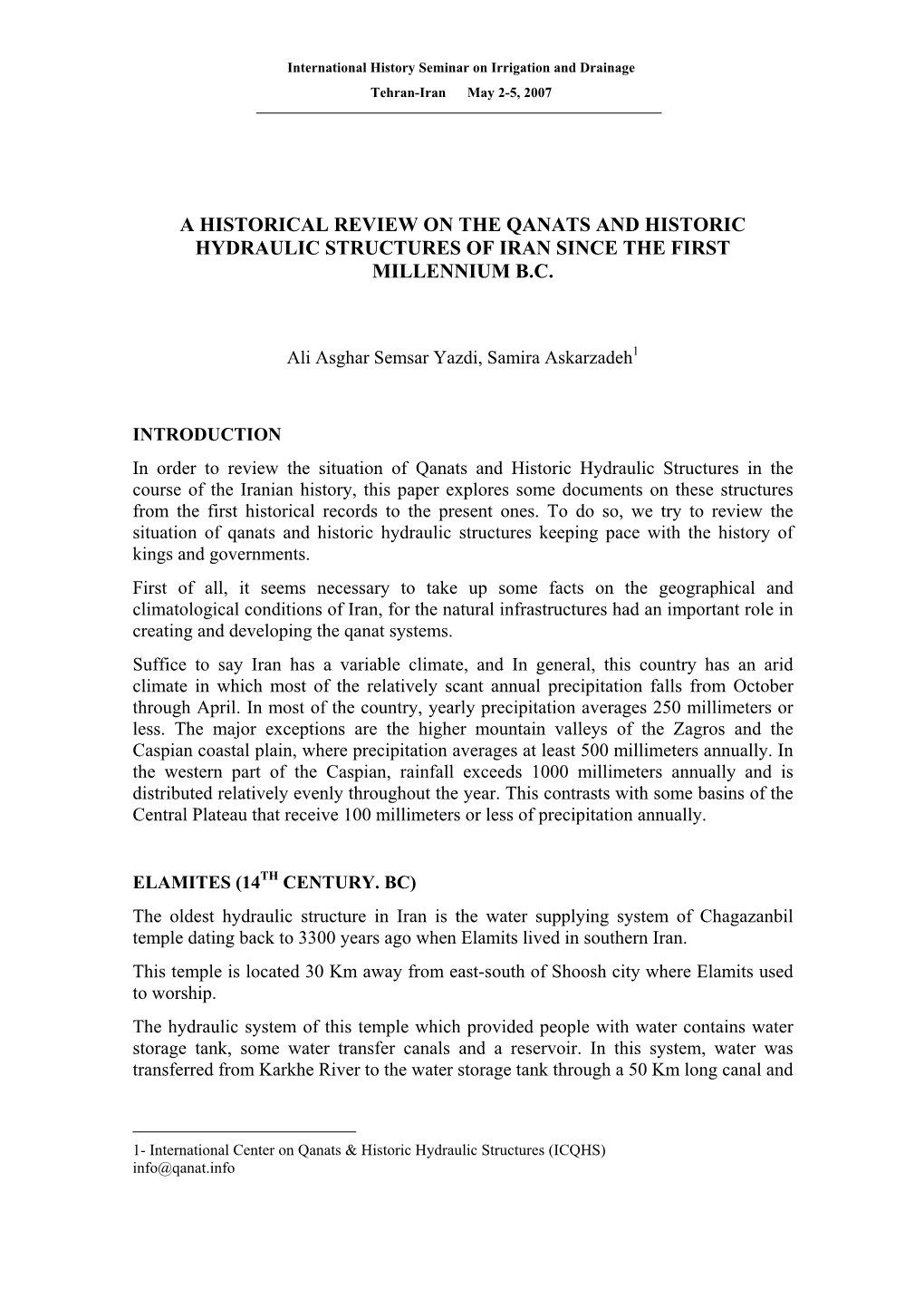 A Historical Review on the Qanats and Historic Hydraulic Structures of Iran Since the First Millennium B.C