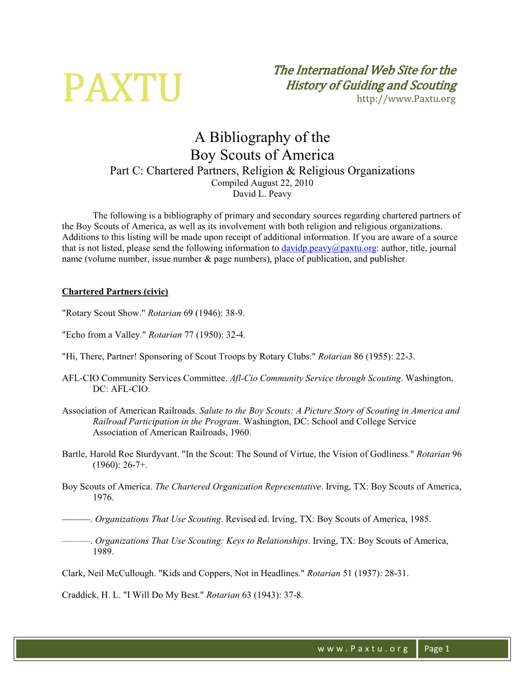 A Bibliography of the Boy Scouts of America Part C: Chartered Partners, Religion & Religious Organizations Compiled August 22, 2010 David L