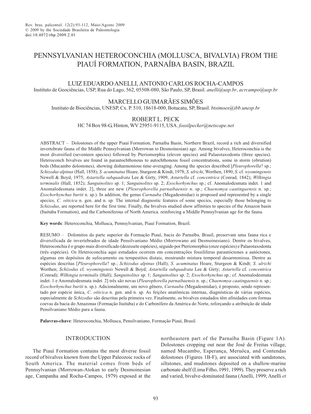 Pennsylvanian Heteroconchia (Mollusca, Bivalvia) from the Piauí Formation, Parnaíba Basin, Brazil