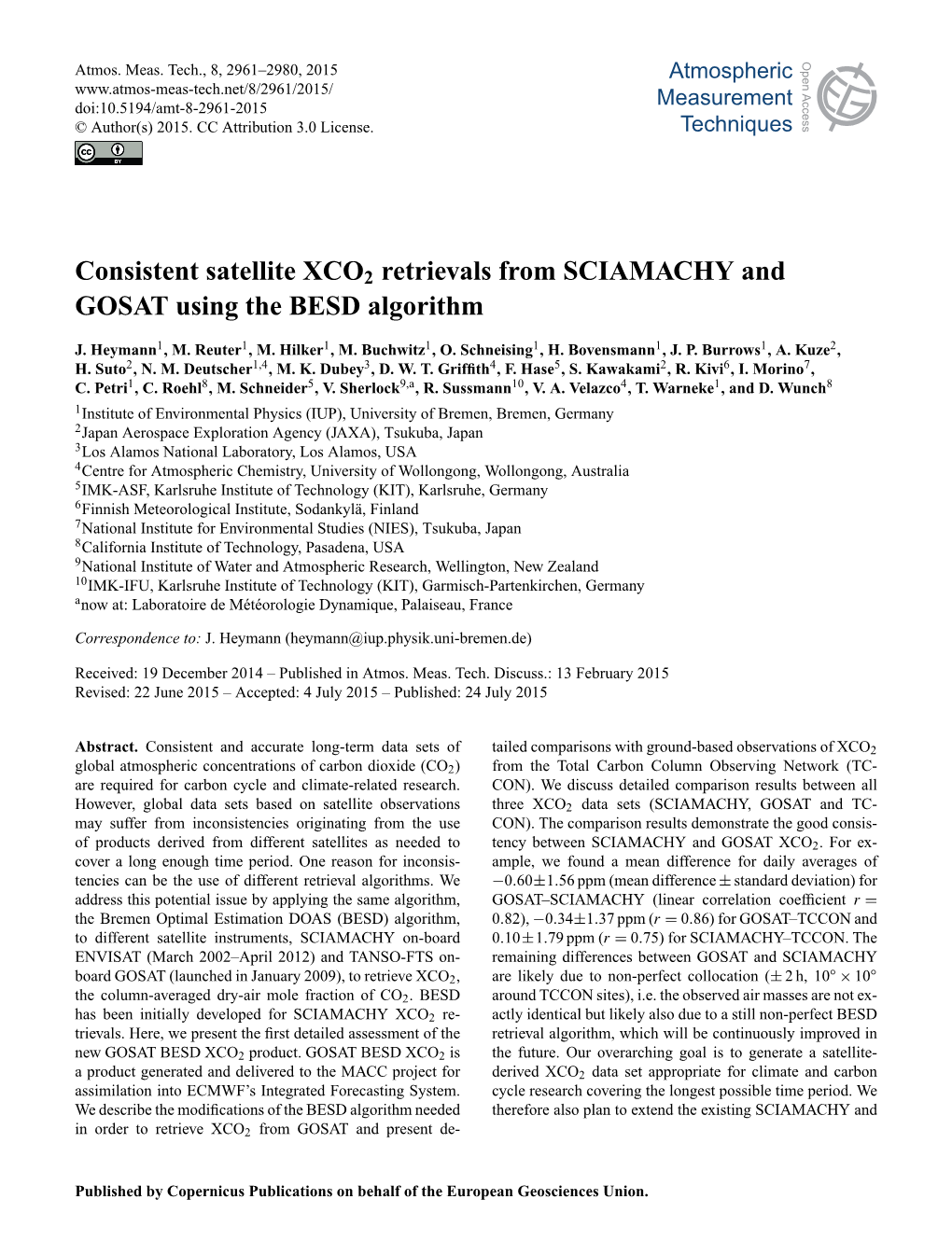Consistent Satellite XCO2 Retrievals from SCIAMACHY and GOSAT Using the BESD Algorithm