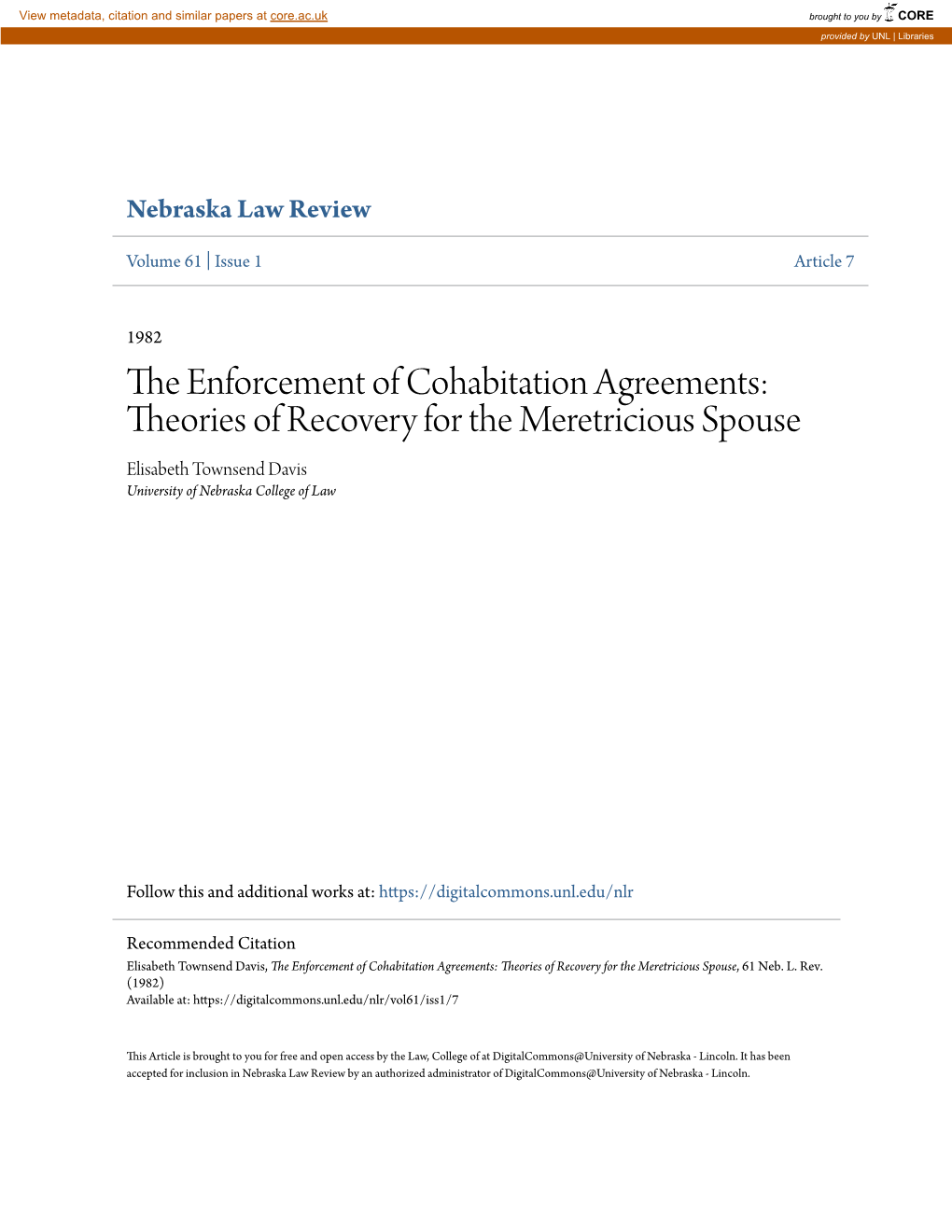 The Enforcement of Cohabitation Agreements: Theories of Recovery for the Meretricious Spouse, 61 Neb